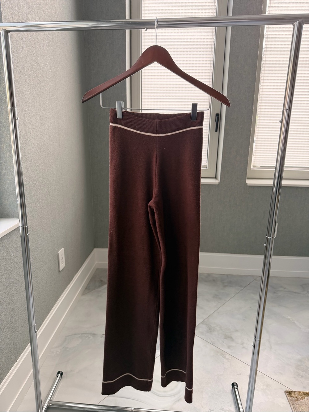 Galita Brown Knit Wide Leg Pants Contrast Trim - Small